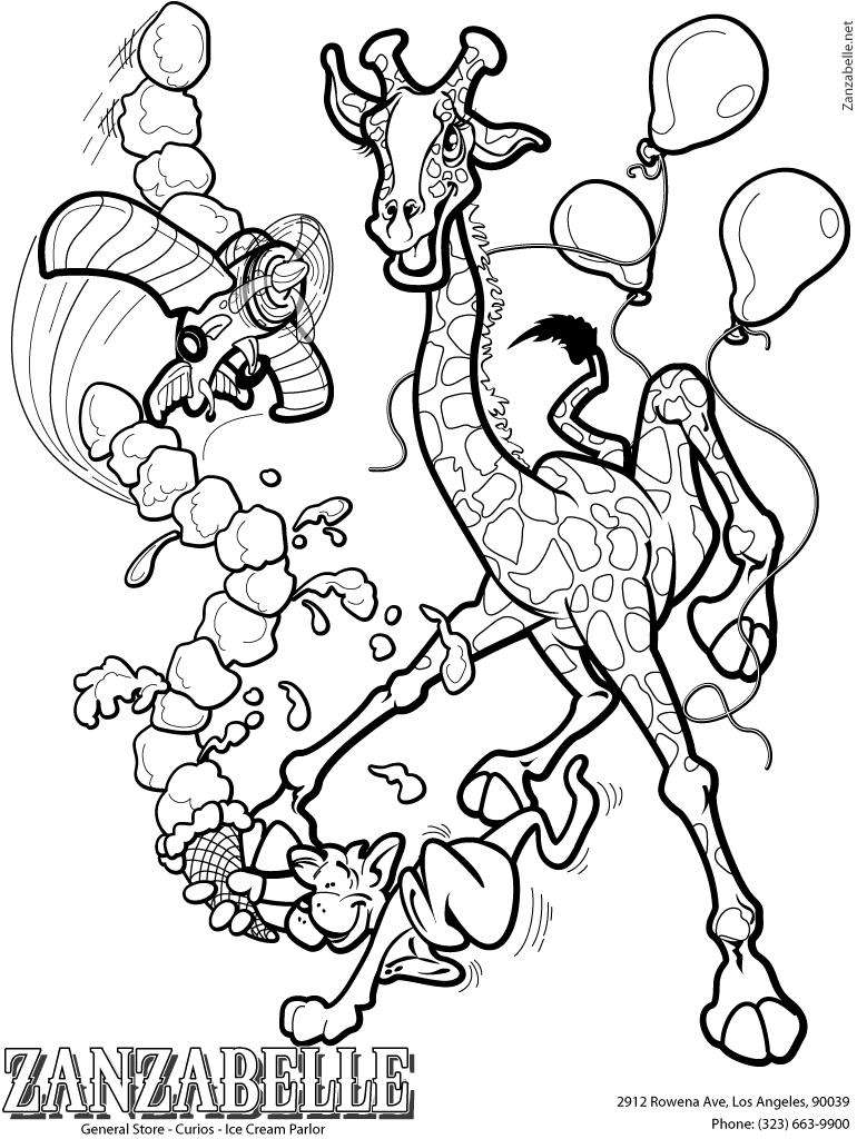 Coloring Page Giraffe and Friends Enjoy Ice Cream